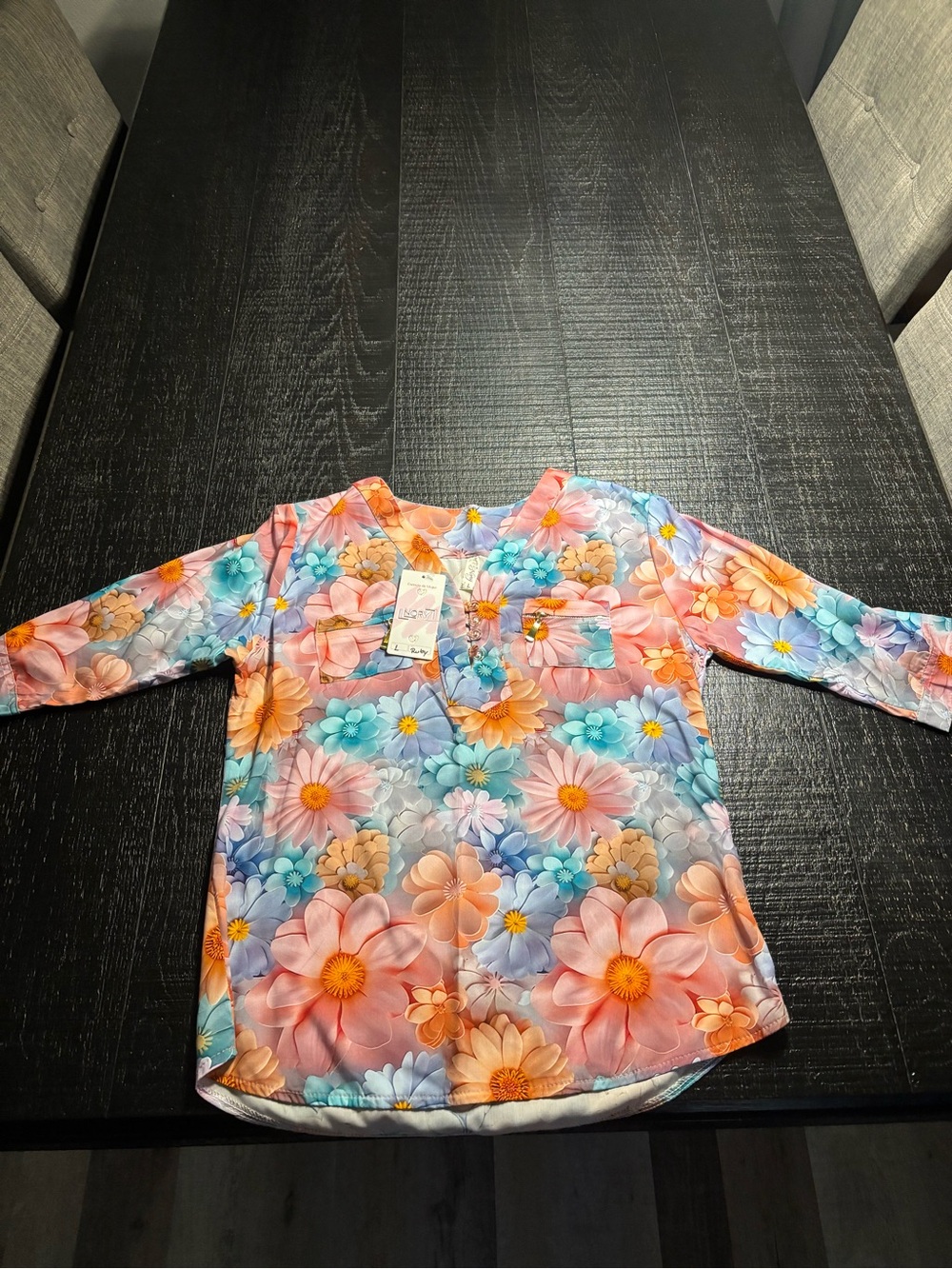 Tory Sport Floral Long-Sleeve Blouse in Pink, Orange & Blue